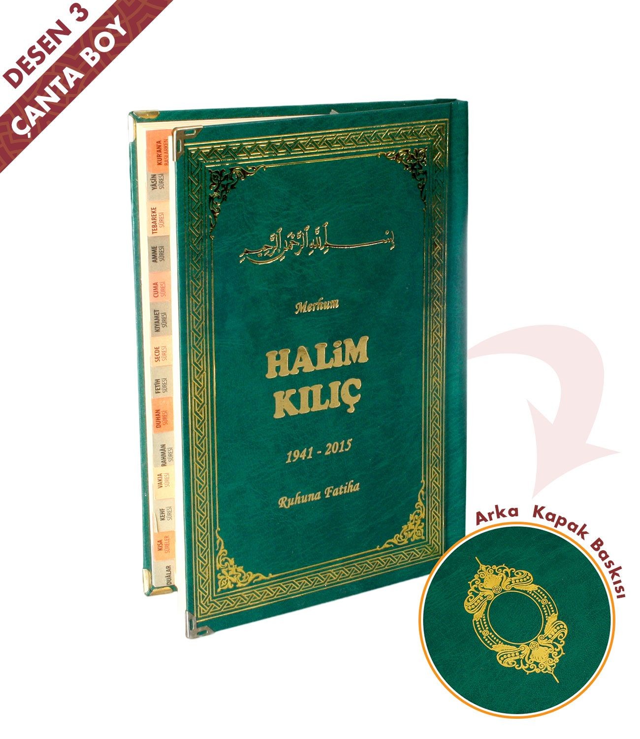  İsim Baskılı   Ciltli Yasin Kitabı   Osmanlı Desen   Yeşil   Çanta Boy